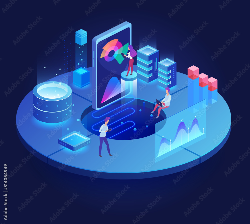 Poster Digital technology dark isometric vector illustration. Mobile development. Teamwork on corporate project. Optimization and productivity. Innovative virtual platform cartoon conceptual design element