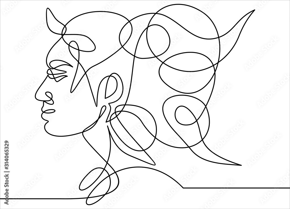 Wall mural Continuous one line drawing. Abstract portrait of romantic woman face. Vector illustration.