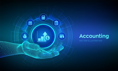 Accountancy service. Accounting symbol in robotic hand. Banking Calculation. Financial analysis, investments and business consulting concept. Online banking. Vector illustration.