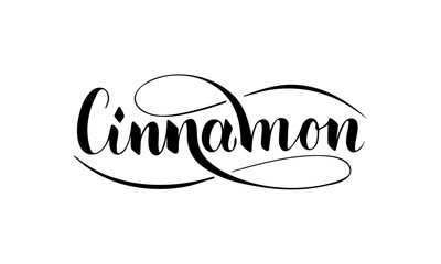 Vector hand written cinnamon text isolated on white background. Kitchen healthy herbs and spices for cooking. Script brushpen lettering with flourishes. Handwriting for banner, poster, product label
