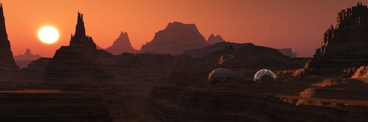 Mars at sunset, panorama of Mars, Martian base, 3D rendering © ustas