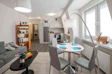 Spacious studio apartment with furniture. Living room. Kitchen. Light interior.