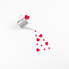 Silver watering can pouring red hearts