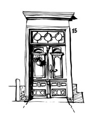 Drawing of entrance doors. Drawing on a white background, drawn by hand, vector graphics.