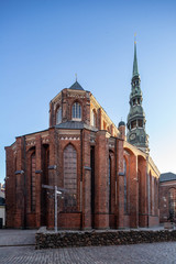 St. Peter's Church, a Lutheran church in Riga, the capital of Latvia. Blue sky.