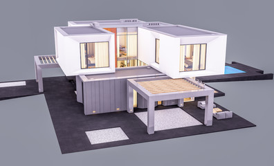 Fototapeta na wymiar 3d rendering of modern cozy house in the garden with garage and pool for sale or rent in evening with cozy light from window. Isolated on gray