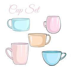 Cute vector set of cups different colors. Colorful mugs isolated on white background.
