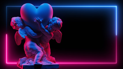 Sculpture Of Two Cubidons Hold A Big Heart In Neon light On A Dark Background. Abstract Background For Love Theme. Double Exposure. Valentines Day Background