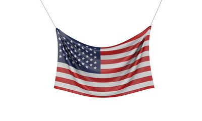 Obraz premium USA national flag hanging fabric banner. 3D Rendering