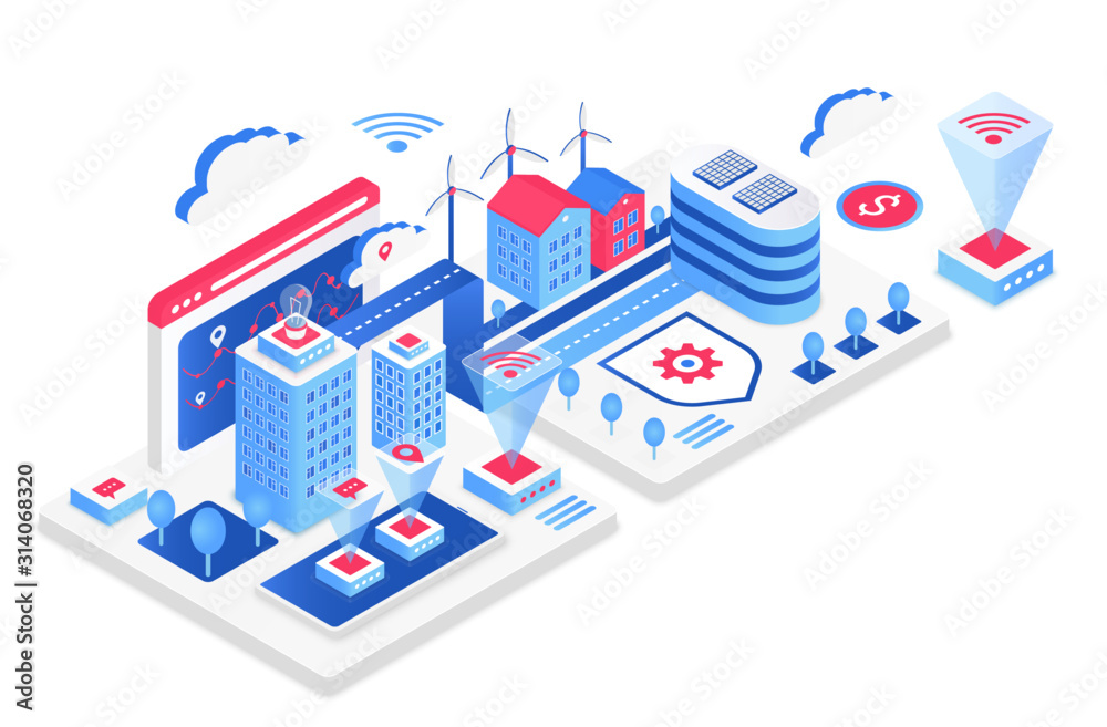 Poster smart city isometric vector illustration. white virtual cityscape. internet of things and it. futuri