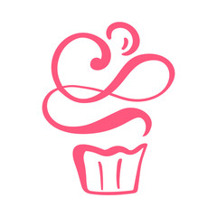 Cake vector calligraphic logo. Sweet cupcake with cream, vintage dessert emblem template design element icon. Candy bar birthday or wedding invitation