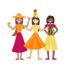 Vector illustration with girls and fruit.Three multinational girls dancing in a cartoon style. For the design of eco festivals, vegan shops, vegetable fairs, eco cafe.