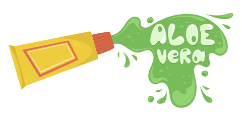 Cream with aloe Vera in a tube. Creative vector illustration with lettering.