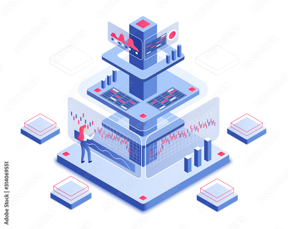Poster trading platform isometric vector illustration. woman checking dashboard. review and research. digit