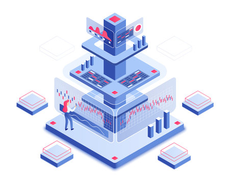 Trading Platform Isometric Vector Illustration. Woman Checking Dashboard. Review And Research. Digital Technology. Economy An Banking. Stock Analisys. E-commerce Cartoon Conceptual Design Element