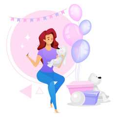 Woman making gifts for kids flat color vector illustration. Female character sewing handmade plush toy animal. Girl creating playthings for birthday party. Isolated cartoon character on white