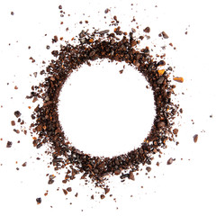 Dark coffee bean splash broken explosion circle isolated on white background food drink object...