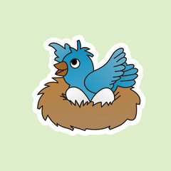 Sticker of Blue Bird Wants to Leave its Nest , Cute Funny Character, Flat Design