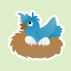 Sticker of Blue Bird Wants to Leave its Nest , Cute Funny Character, Flat Design