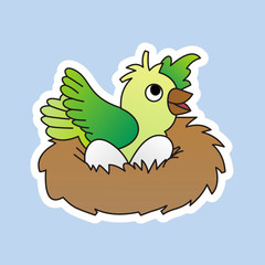 Sticker of Green Bird Wants to Leave its Nest , Cute Funny Character, Flat Design