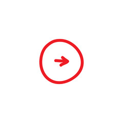 red hand drawn right arrow in circle cartoon icon. Isolated on white.