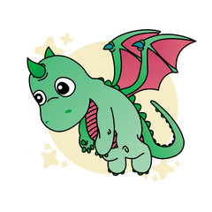 Illustration of Green Dragon Cartoon, Cute Funny Character, Flat Design