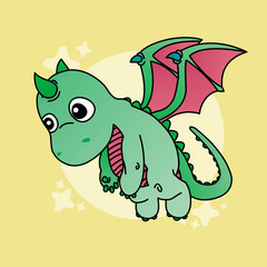 Illustration of Green Dragon Cartoon, Cute Funny Character, Flat Design