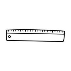 School ruler in doodle style. Office supplies hand-drawn and isolated on a white background. Black and white vector illustration. Simple rectangular ruler for students