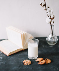 Glass with fresh milk and chocolate chips cookies.  Oatmeal cookies  and glass of milk for breakfast. Healthy good morning