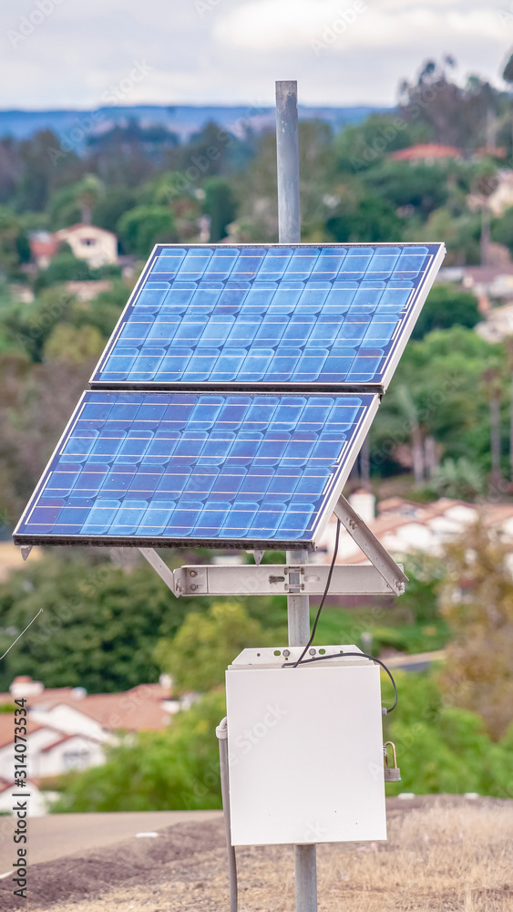 Poster vertical frame photovoltaic solar panel for renewable energy on a cloudy day