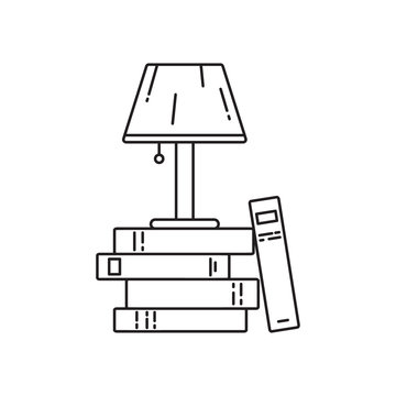 Stack of books and table lamp icon. Thin line art template for study, teaching, work. Black and white simple illustration. Contour hand drawn isolated vector image on white background