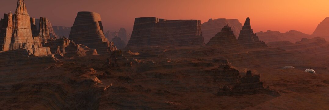 Mars at sunset, panorama of Mars, Martian base, 3D rendering