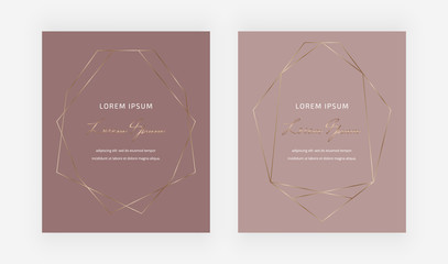 Design cards with geometric golden polygonal lines frames on the nude and brown background. Trendy template for wedding, banner, wallpaper, flyer, poster, invitations.