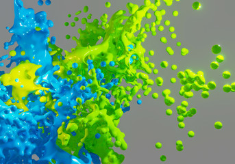 Abstract colorful splash in blue and green color on grey background. 3D illustration
