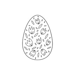 Hand drawn Easter egg with flowers , leaves doodle ornament, decorative elements in vector for coloring book. Best for decoration, logo, symbol, print, scrapbooking, greeting card, invitation