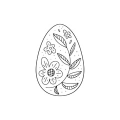 Hand drawn Easter egg with flowers, dots, leaves doodle ornament, decorative elements in vector for coloring book. Best for decoration, logo, symbol, print, scrapbooking, greeting card, invitation
