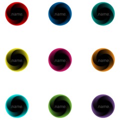 Set of nine multicolor twisting circle logo template with black inside. Vector round sphere buttons