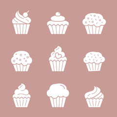 Cupcake Icons set - Vector solid silhouettes of sweet, dessert, muffin, cake and snack for the site or interface