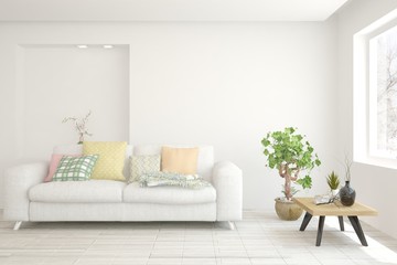 Stylish room in white color with sofa. Scandinavian interior design. 3D illustration