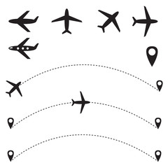 the plane flies along a trajectory. Vector flat illustration isolated on a white background. Airplane travel.