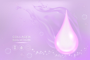 Hyaluronic acid skin solutions ad, purple collagen serum drop with cosmetic advertising background ready to use, illustration vector.	
