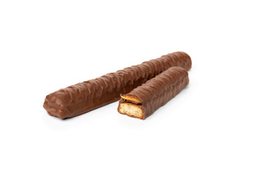 Shortbread stick with caramel in chocolate isolated on white background.
