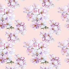 Fototapeta na wymiar Watercolor seamless pattern with cherry blossomimg. Ideal for wedding, textile, gift wrapping paper, apparel, home decor