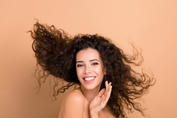 Close up photo beautiful she her lady laughter turn show head great result using shampoo hair cure recovery long wave hairdo flight funky pretty positive wear no clothes isolated beige background