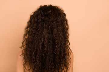 Close up back rear behind photo beautiful amazing she her lady unknown incognito hide face show great result after using new shampoo hair cure wear no clothes isolated beige background