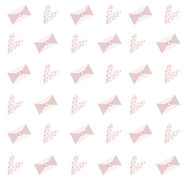 Seamless Pattern Of Pink Objects For Valentine's Day On White Background. Hearts And Envelopes With Letter.