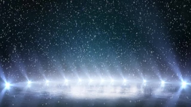 Night ice rink. Winter background with blue lights. Falling snow. Natural lighting lamp rays effect. Light pulses and glow in 4K. Sport rink