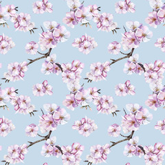 Watercolor seamless pattern with cherry blossomimg. Ideal for wedding, textile, gift wrapping paper, apparel, home decor