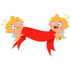 Couple Cupid with red banner ribbon. Valentine's Day symbol. Cartoon vector illustration isolated on a white background.