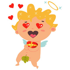 Cute cupid holding a red box of chocolates with a yellow bow and little hearts flying around. Valentine's Day symbol. Cartoon vector illustration isolated on a white background.